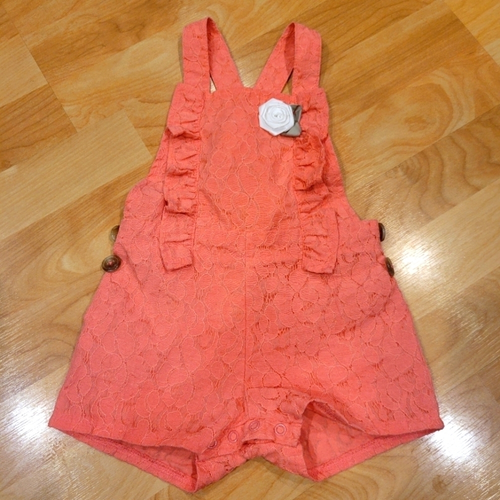 Baby lace and ruffle overall shorts coral size 18 months